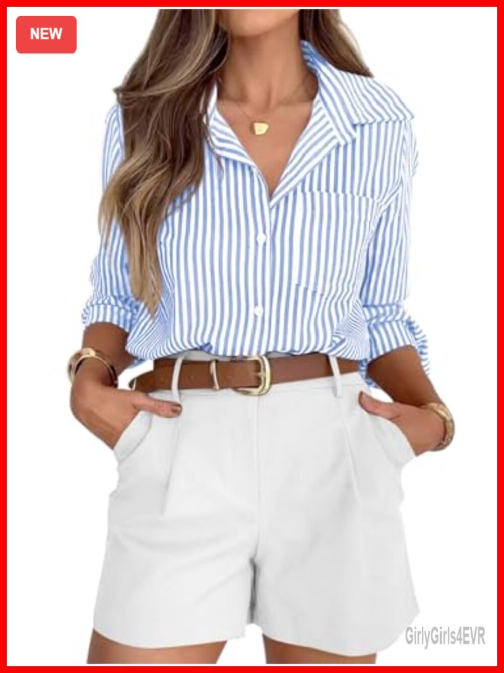 Wrinkle-Free Striped Button Down Shirt Collared V-Neck Work Blouse